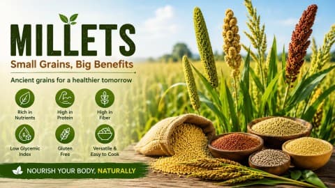 Millet crops and bowls of different millets in a rural Indian landscape