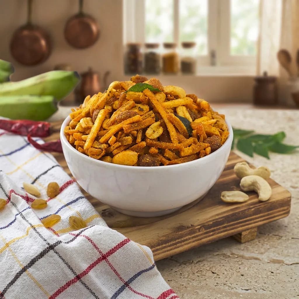 A bowl of savoury snacks with grains and ingredients on a wooden surface
