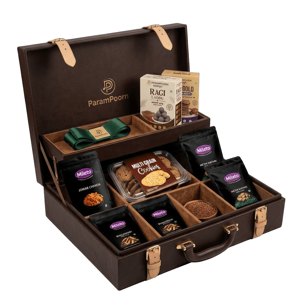 Parampoorn corporate gift hamper filled with millet snacks, cookies and Ragi Laddu